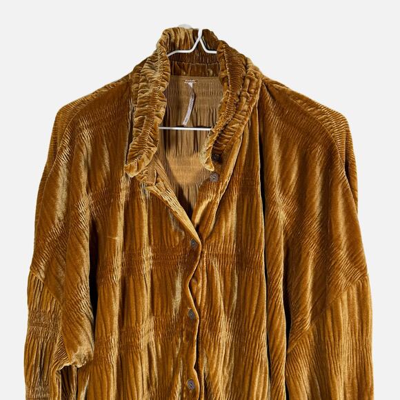 Free People My Best Top Medium Spiced Ginger Crinkle Velvet Oversized Shacket - Picture 6 of 15
